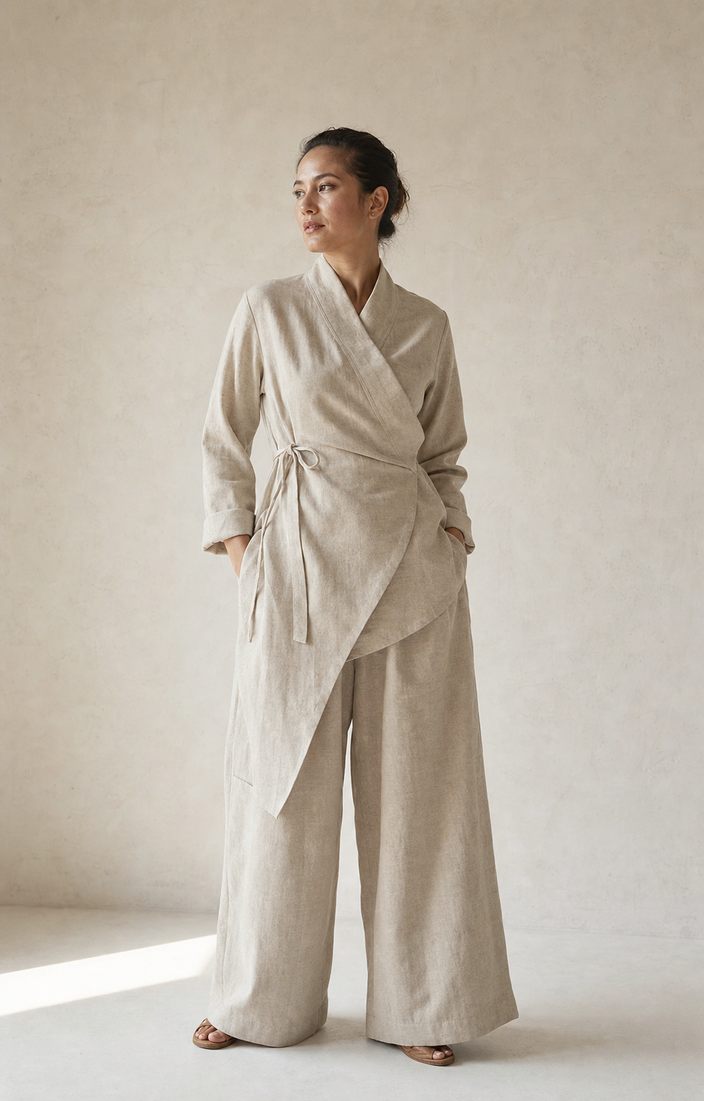 Woman wearing the Asha Wrap in oatmeal linen