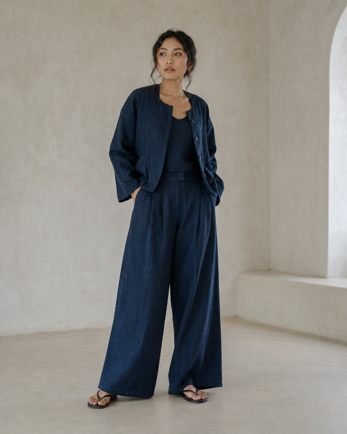 Woman wearing the Neel linen co-ord