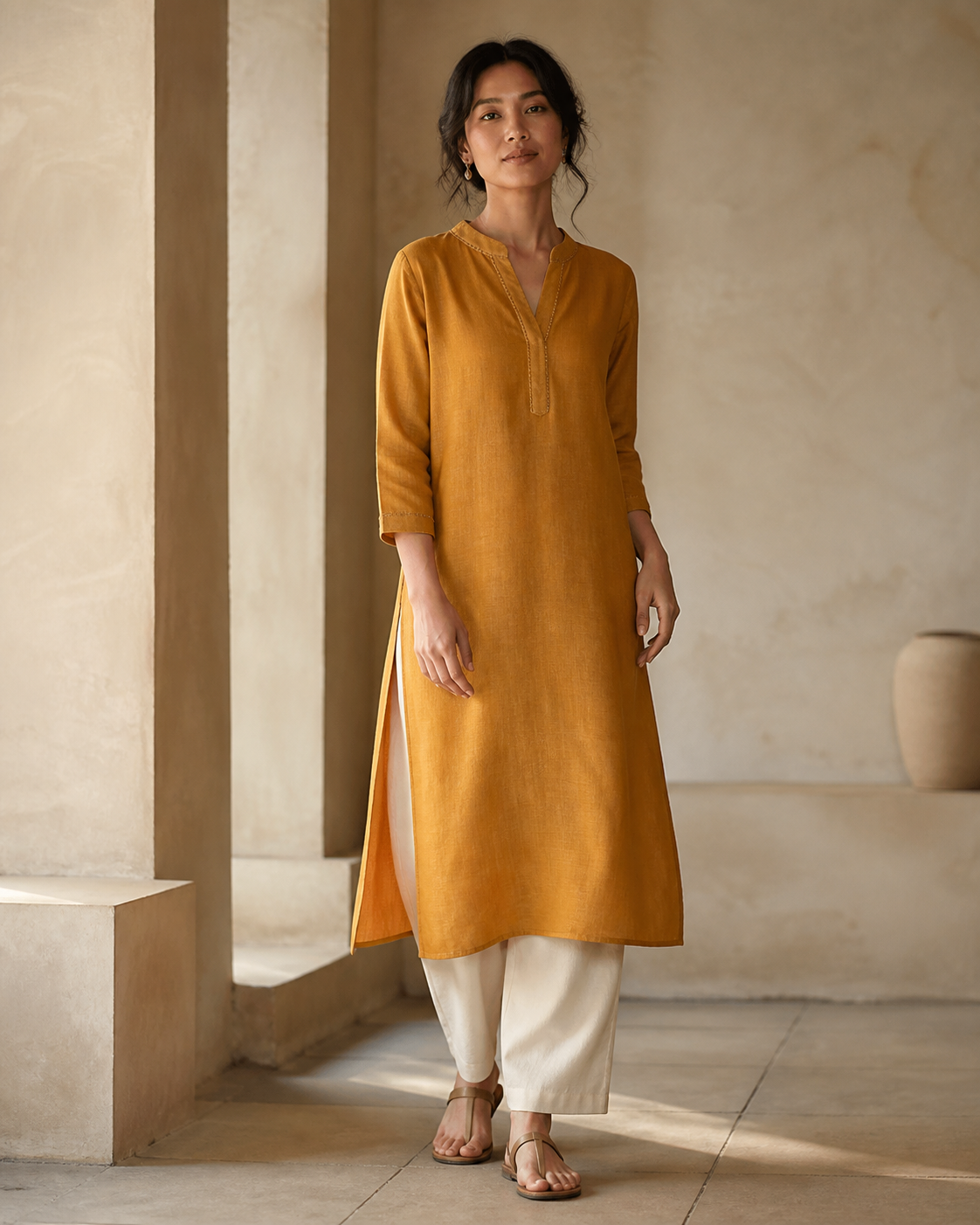 Woman wearing the Sun Linen Kurta